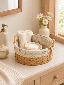 Cirelle 1pc Round Woven Storage Basket With Lace‑Trim Floral Liner, Dual‑Handle Desktop Organizer Bin, Decorative Wicker‑Style Basket For Vanity, Bathroom, Closet Countertop Storage - default - View 1