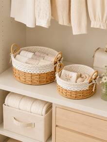 Cirelle Natural Woven Storage Basket With Lace Liner, Round Desktop Organizer Bin With Double Handles, Multi-Purpose Wicker Basket For Snacks, Cosmetics, Sundries, Entryway Storage - default - View 8