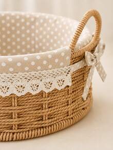 Cirelle Natural Woven Storage Basket With Lace Liner, Round Desktop Organizer Bin With Double Handles, Multi-Purpose Wicker Basket For Snacks, Cosmetics, Sundries, Entryway Storage - default - View 4