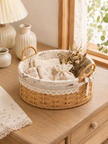 Cirelle 1pc Round Woven Storage Basket With Lace‑Trim Floral Liner, Dual‑Handle Desktop Organizer Bin, Decorative Wicker‑Style Basket For Vanity, Bathroom, Closet Countertop Storage - default - View 5