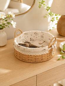 Cirelle 1pc Round Woven Storage Basket With Lace‑Trim Floral Liner, Dual‑Handle Desktop Organizer Bin, Decorative Wicker‑Style Basket For Vanity, Bathroom, Closet Countertop Storage - default - View 6