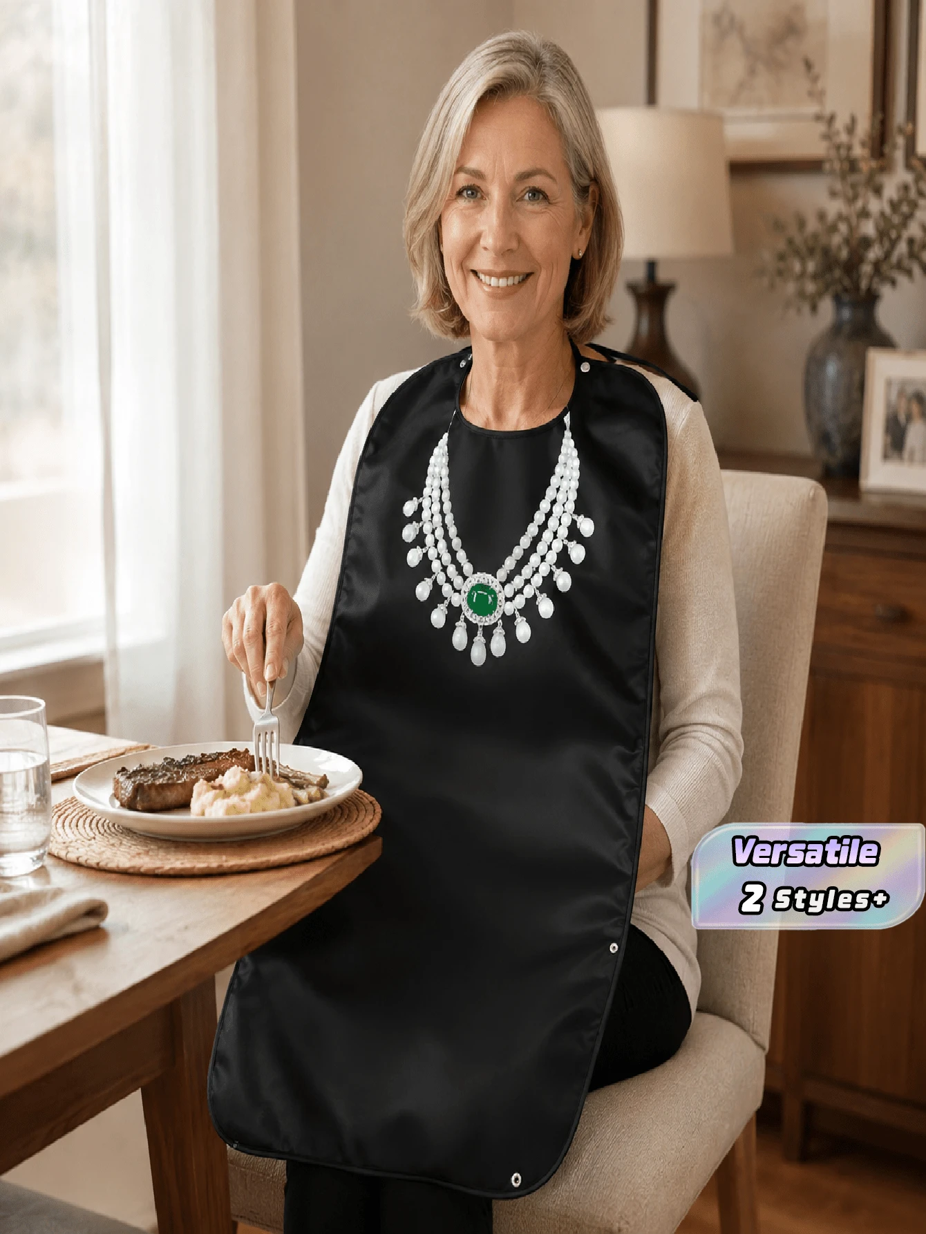 1-Pack Adult Dining Apron With Adjustable Snaps And Straps, With Crumb Collector, Reusable And Machine Washable, Suitable Bibs For Women, Elderly People To Eat, Mom Gift - Multicolor - View 1