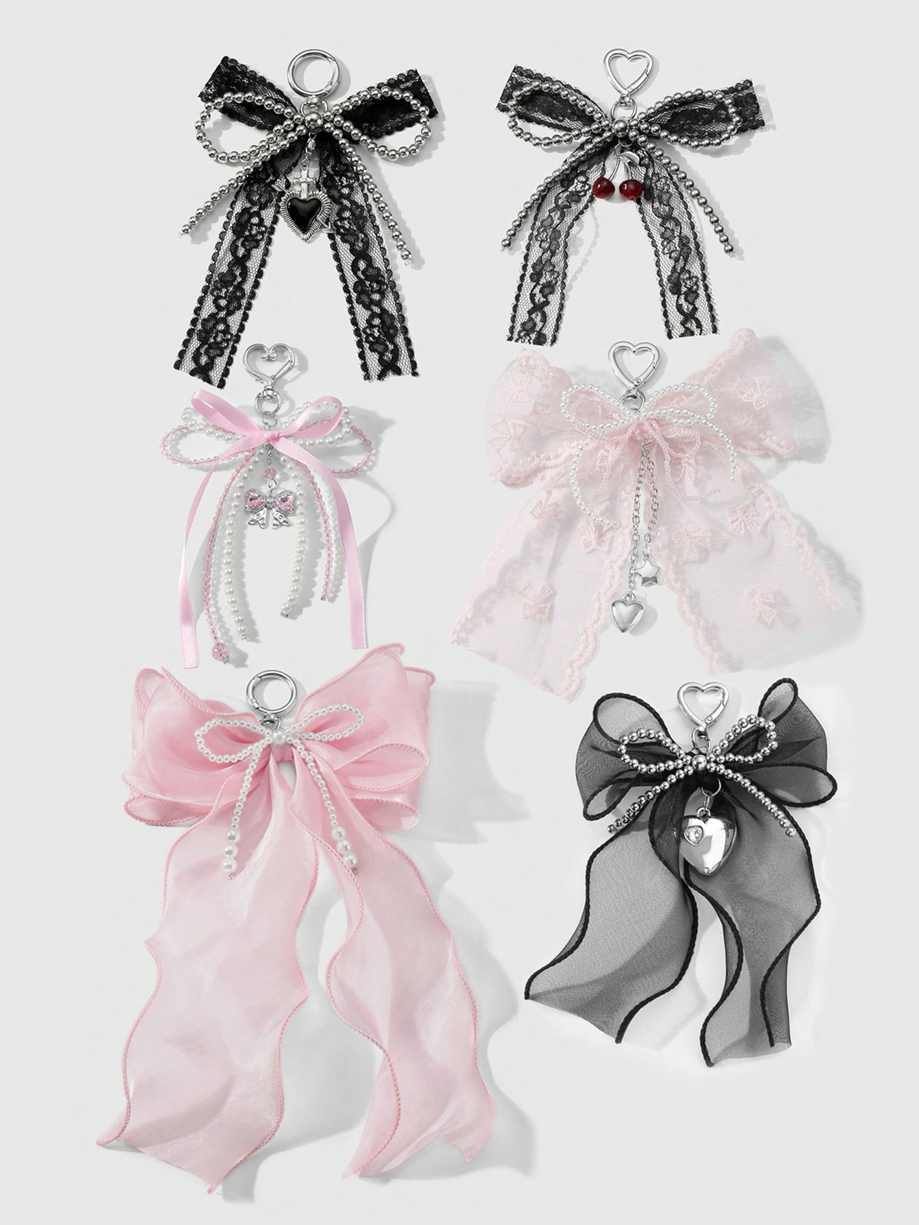 Kawaii 1 Portachiavi/Ciondolo per Borsa DIY con Fiocco in Pizzo Multicolore, Perline, Nastro, Cuore e Ciliegia, Stile Elegante e Versatile, Multi-Specifica