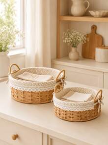 Cirelle Natural Woven Storage Basket With Lace Liner, Round Desktop Organizer Bin With Double Handles, Multi-Purpose Wicker Basket For Snacks, Cosmetics, Sundries, Entryway Storage - default - View 7