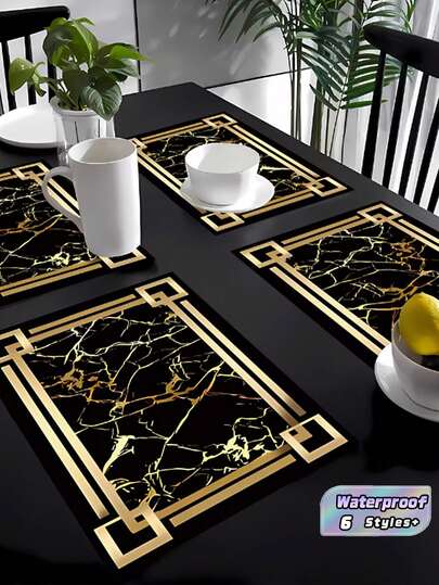 1/2/3/4/5/6 Pcs Gold Marble Pattern Heat-Resistant Placemats, Waterproof Oil-Proof PP Table Mats With Black Gold Foil Hollow Design, Non-Slip & Wipeable, For Home, Dining Room, Party, Wedding, Picnic & Gifts