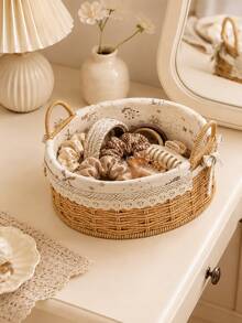 Cirelle 1pc Round Woven Storage Basket With Lace‑Trim Floral Liner, Dual‑Handle Desktop Organizer Bin, Decorative Wicker‑Style Basket For Vanity, Bathroom, Closet Countertop Storage - default - View 7
