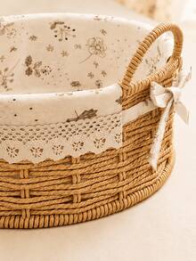 Cirelle 1pc Round Woven Storage Basket With Lace‑Trim Floral Liner, Dual‑Handle Desktop Organizer Bin, Decorative Wicker‑Style Basket For Vanity, Bathroom, Closet Countertop Storage - default - View 3