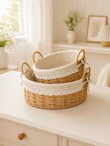 Cirelle Natural Woven Storage Basket With Lace Liner, Round Desktop Organizer Bin With Double Handles, Multi-Purpose Wicker Basket For Snacks, Cosmetics, Sundries, Entryway Storage - default - View 3