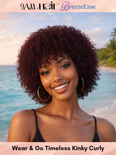 BreezeEase Dark Wine Red Kinky Curly Human Hair Wigs Glueless Install With Bangs For Women, Wine Red/Burgundy Curly Wave Pixie Cut Wig Human Hair, Jerry Curl None Lace Wigs Human Hair Wear & Go For Beginner Friendly 9AM Hair Halloween Cosplay Prom Y2K Ss26