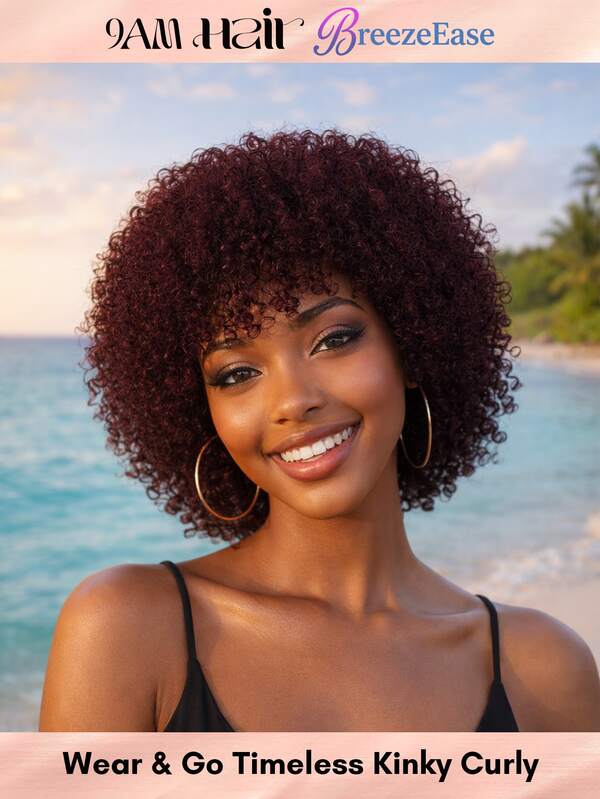 BreezeEase Wig Rambut Manusia Keriting Kinky Merah Anggur Gelap Tanpa Lem dengan Poni untuk Wanita, Wig Rambut Manusia Potongan Pixie Keriting Merah Anggur/Burgundy, Wig Rambut Manusia Jerry Curl Tanpa Renda, Mudah Dipakai dan Dibuka, Ramah untuk Pemula, Gaya Rambut 9AM, Cosplay, Prom, Y2K, SS26