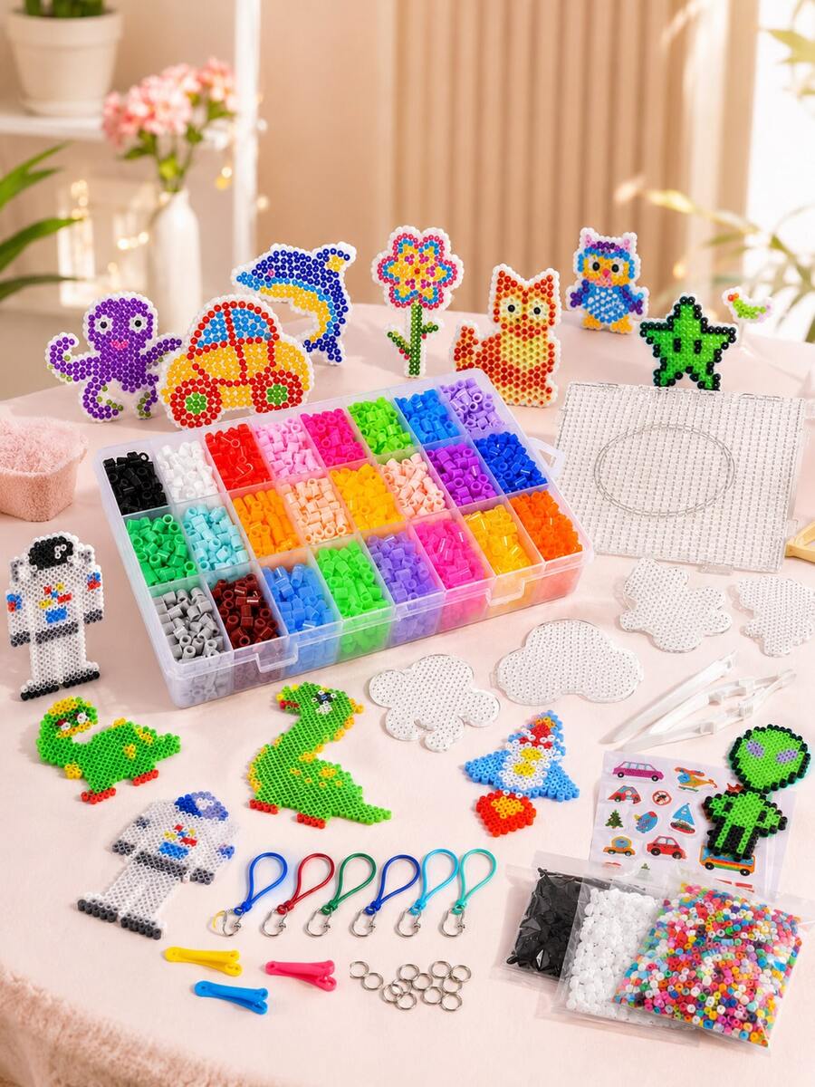4600PCS 24-Color 5mm Fuse Beads Craft Kit With Storage Box, Reusable Pegboards, Pattern Cards, Tweezers, Ironing Sheets, Keychains & Phone Straps, DIY Pixel Art Accessories Set For Flat And 3D Creative Projects - multicolor - View 1