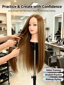 1pc Long Straight Hair Mannequin Head, High Temperature Synthetic Hair Training Head For Hairdresser, Braiding, Updo & Makeup Styling Practice(Without Stand) - Gold - View 5