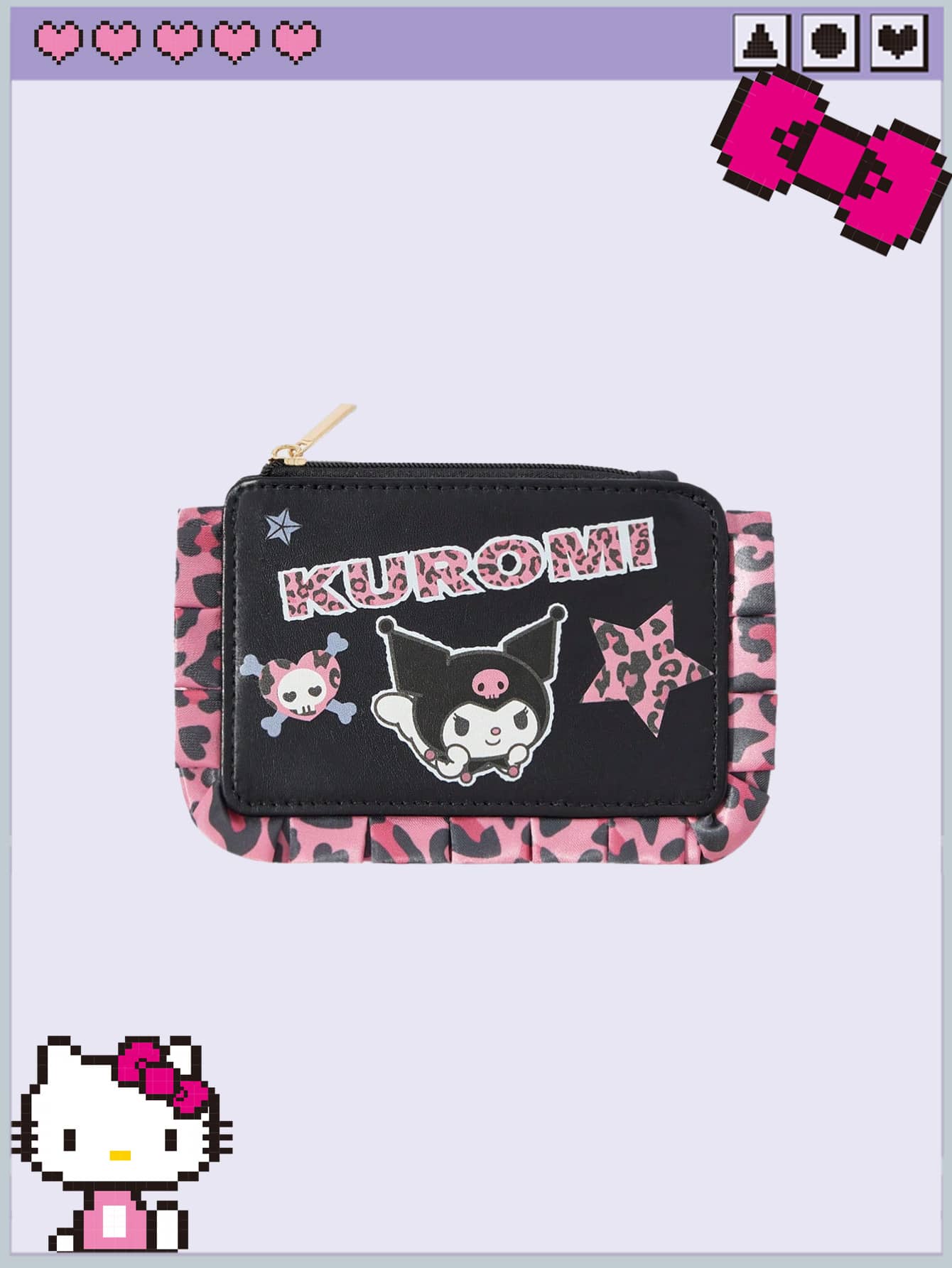 Kuromi | ROMWE Cartoon Leopard Print Lace Card Holder, Multi-Function Storage Card Bag, Bus Subway Student Card, Kuromi, Leopard Print