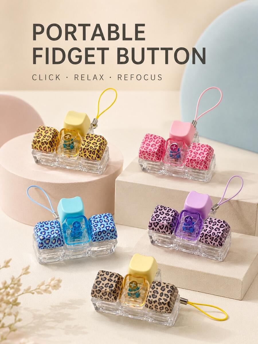 MINKOJA 1Pc Leopard Print Pattern Keyboard Fidget Toy, Fidget Keyboard, 4-Key Stress Relief Toy Keyboard Keychain Toy, Pressable Keyboard Keys Toy For Stress Relief And Killing Time - T-shape - View 1