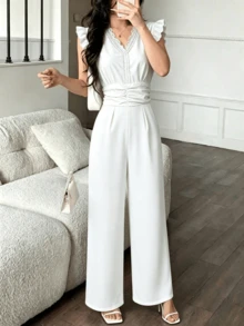 Mono Casual De Pierna Ancha Para Mujer Con Cintura Pliegues y Ribete De Encaje - Blanco - Ver 4