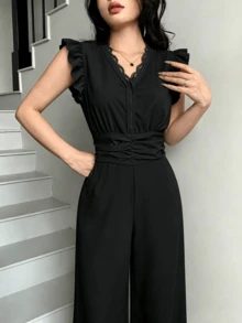 Women's Wide Leg Monkey With Fold Waist And Lace Ribbon - Black - View 4