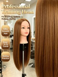 1pc Long Straight Hair Mannequin Head, High Temperature Synthetic Hair Training Head For Hairdresser, Braiding, Updo & Makeup Styling Practice(Without Stand) - Gold - View 2