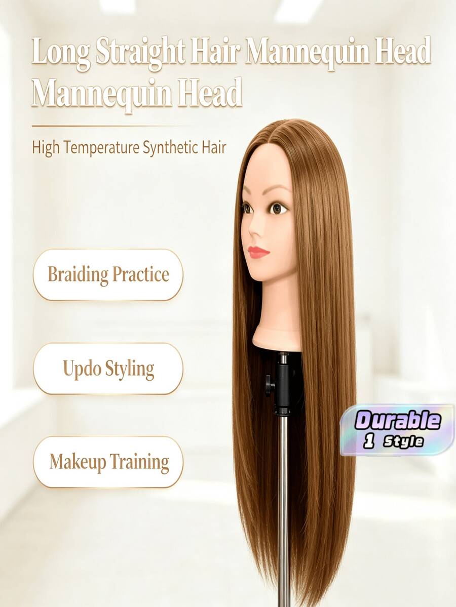 1pc Long Straight Hair Mannequin Head, High Temperature Synthetic Hair Training Head For Hairdresser, Braiding, Updo & Makeup Styling Practice(Without Stand) - Gold - View 1