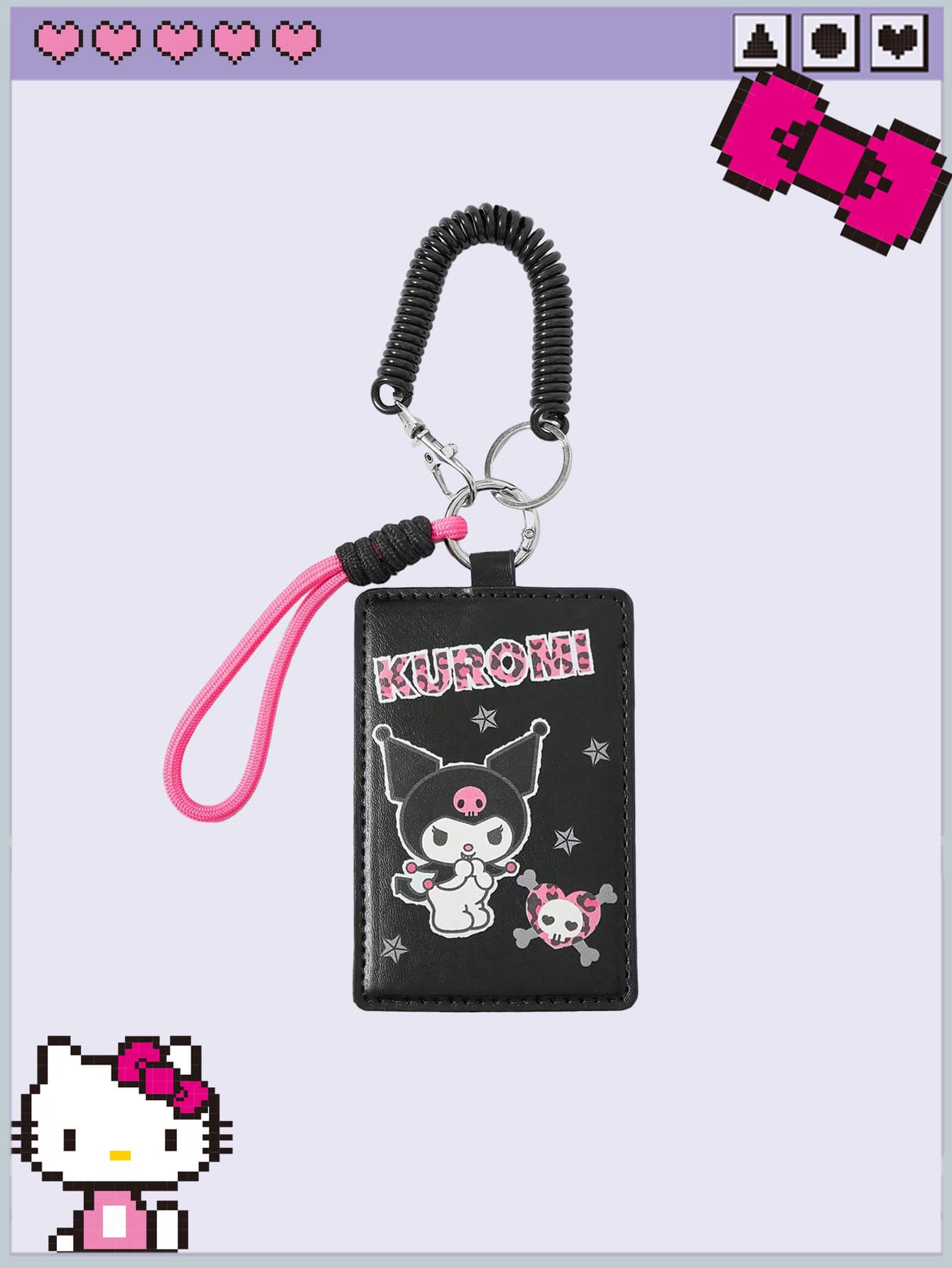 Kuromi | ROMWE Porta tarjetas de dibujos animados, funda colgante visible para tarjeta de estudiante de autobús/metro, cordón, estampado de leopardo