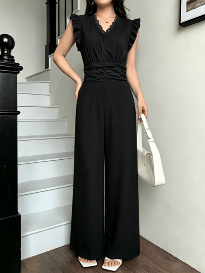 Women's Wide Leg Monkey With Fold Waist And Lace Ribbon