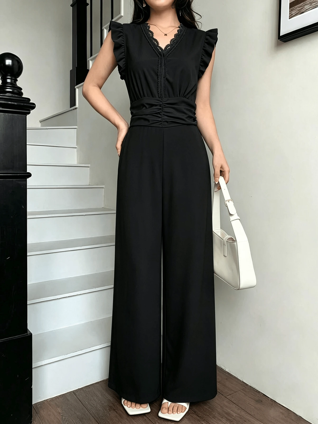 Women's Wide Leg Monkey With Fold Waist And Lace Ribbon - Black - View 1
