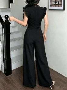 Women's Wide Leg Monkey With Fold Waist And Lace Ribbon - Black - View 2