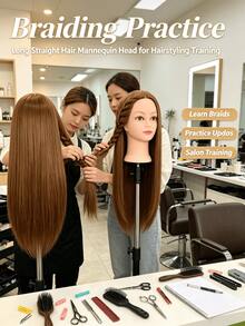1pc Long Straight Hair Mannequin Head, High Temperature Synthetic Hair Training Head For Hairdresser, Braiding, Updo & Makeup Styling Practice(Without Stand) - Gold - View 7