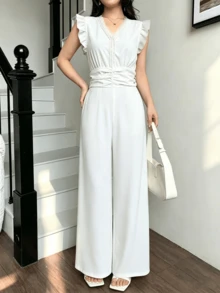 Mono Casual De Pierna Ancha Para Mujer Con Cintura Pliegues y Ribete De Encaje - Blanco - Ver 1