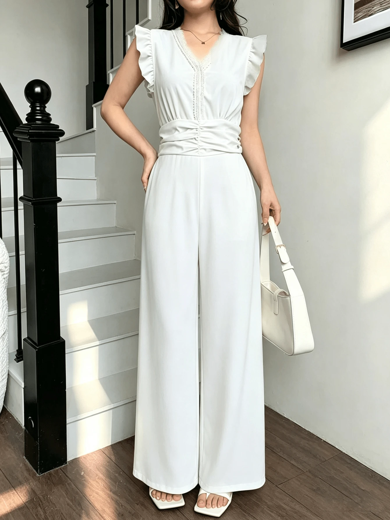 Mono Casual De Pierna Ancha Para Mujer Con Cintura Pliegues y Ribete De Encaje - Blanco - Ver 1