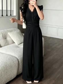 Women's Wide Leg Monkey With Fold Waist And Lace Ribbon - Black - View 3