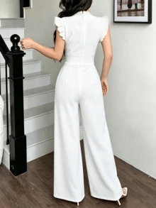 Mono Casual De Pierna Ancha Para Mujer Con Cintura Pliegues y Ribete De Encaje - Blanco - Ver 2