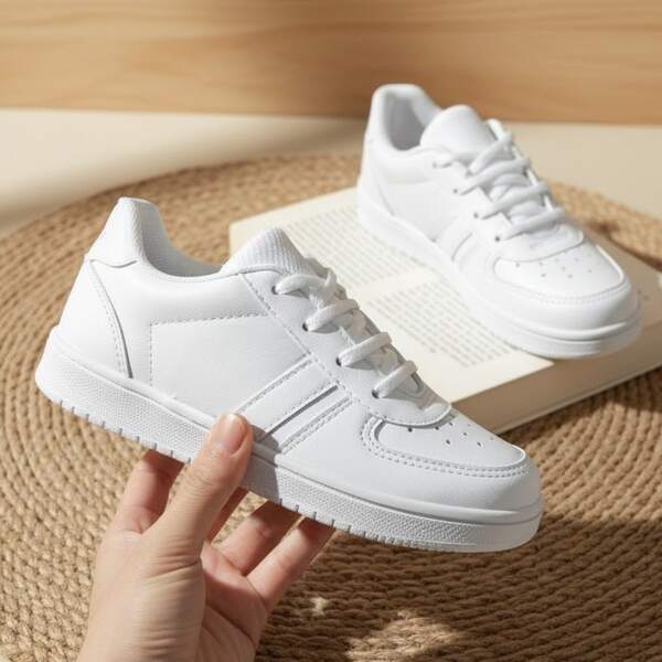 1 Par De Tenis Deportivas Blancas Para Niños-niñas, Zapatos blanco tipo escolar lisos, Bajos Para Niños-niñas, Zapatos Casuales Escolares Unisex