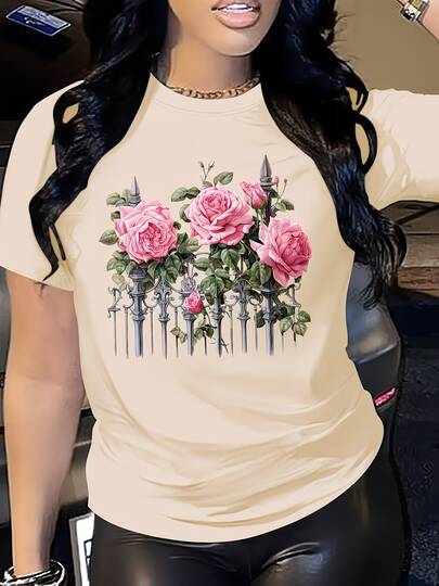 Camiseta de manga corta y cuello redondo para mujer, con estampado de rosas rosadas en una verja decorada, ropa casual cómoda para looks diarios y ocasiones informales