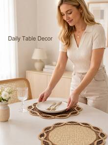 Haus Hana 1pc 38cm Round Or 45x30cm Rectangular Boho Woven Paper Placemat, Flower Petal Edge Table Mat With Natural Two-Tone Braided Design, Rustic Farmhouse Dining Decor For Kitchen, Dinner Table, Wedding, Party, Holiday And Daily Use - Multicolor - View 9