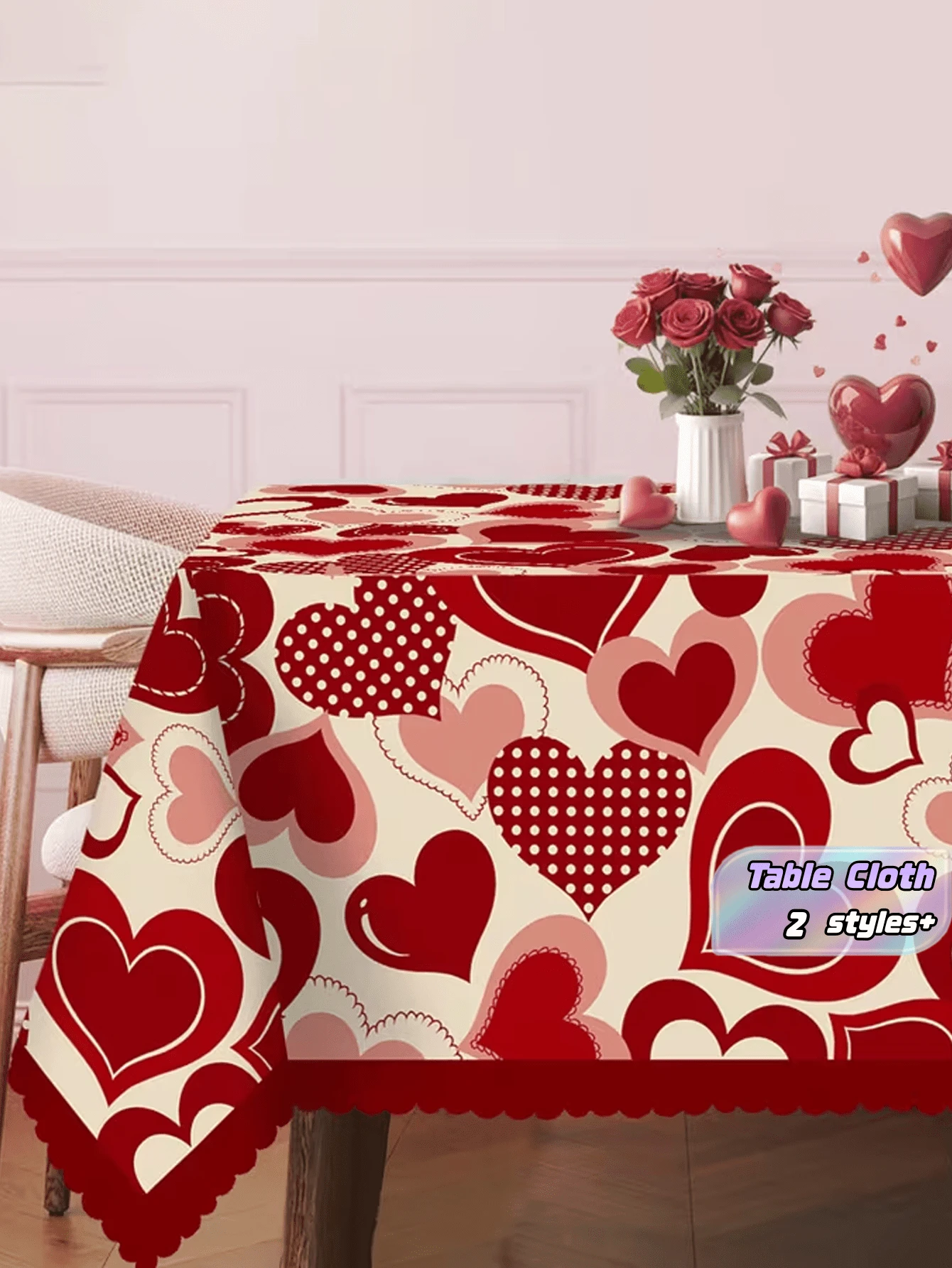 1 Pc Heart Print Valentine Table Cloth Wipe Clean Stain Resistant Polyester For Holiday Party Dining Table Romantic Dinner Anniversary Gift Idea - multicolor - View 1