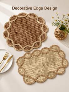 Haus Hana 1pc 38cm Round Or 45x30cm Rectangular Boho Woven Paper Placemat, Flower Petal Edge Table Mat With Natural Two-Tone Braided Design, Rustic Farmhouse Dining Decor For Kitchen, Dinner Table, Wedding, Party, Holiday And Daily Use - Multicolor - View 8