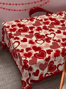1 Pc Heart Print Valentine Table Cloth Wipe Clean Stain Resistant Polyester For Holiday Party Dining Table Romantic Dinner Anniversary Gift Idea - multicolor - View 2