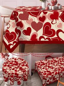 1 Pc Heart Print Valentine Table Cloth Wipe Clean Stain Resistant Polyester For Holiday Party Dining Table Romantic Dinner Anniversary Gift Idea - multicolor - View 3