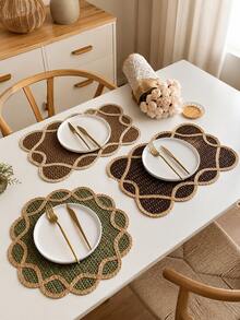 Haus Hana 1pc 38cm Round Or 45x30cm Rectangular Boho Woven Paper Placemat, Flower Petal Edge Table Mat With Natural Two-Tone Braided Design, Rustic Farmhouse Dining Decor For Kitchen, Dinner Table, Wedding, Party, Holiday And Daily Use - Multicolor - View 2
