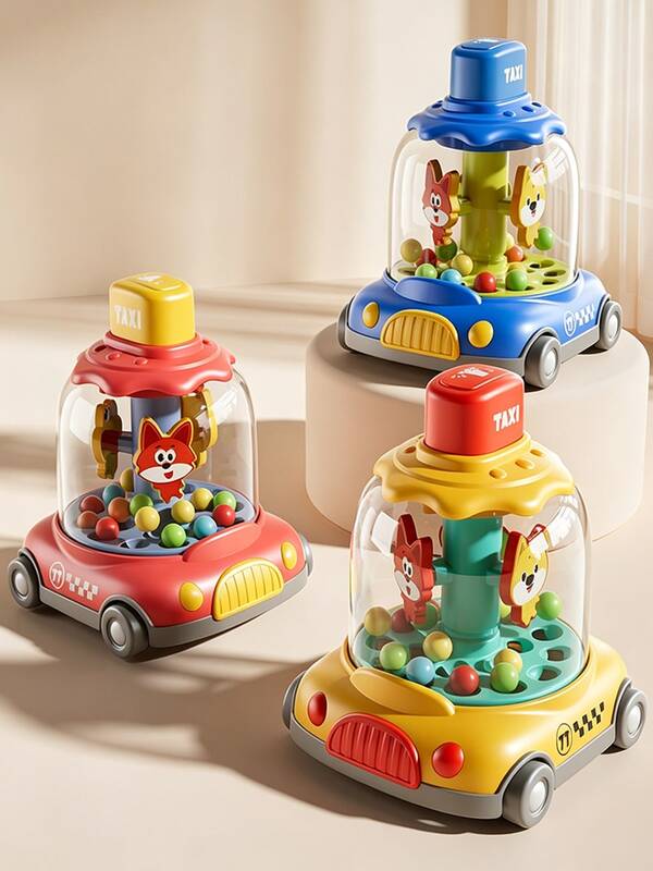 Press And Go Car Toys For Toddlers, 3 Colors Available, Built-In Rolling Balls & Cartoon Animal Rotating Parts, Press Toy, Entertainment Toy For Kids Aged 18M+, Play Vehicle Set, Baby Push Go Car Toys