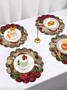 6Pcs /4Pcs Santa Reindeer Christmas Round Placemats 15 Inch Linen Non Slip Heat Resistant Machine Washable Holiday Party Table Decor Home Kitchen Dining Room Christmas Gift - Red - View 2