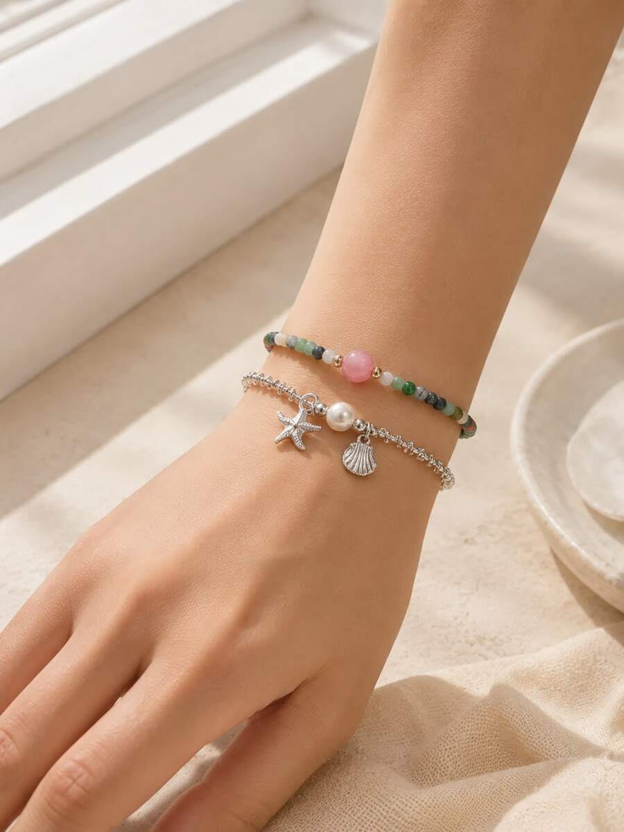 Zazumi 1pc Beaded Bracelet Set, Multi‑Color Stone Bead Stackable Daily‑Wear Hand Jewelry, Adjustable Chain Holiday Accessory, Casual Matching Gift For Women - Multicolor - View 1