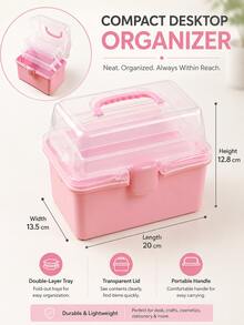 1PC Plastic 3-Layer Foldable Storage Box, Portable Multi-Purpose Organizer With Handle, Ideal For Medicine, Tools, Art & Craft, Sewing Supplies & Household Storage - Pink - View 3