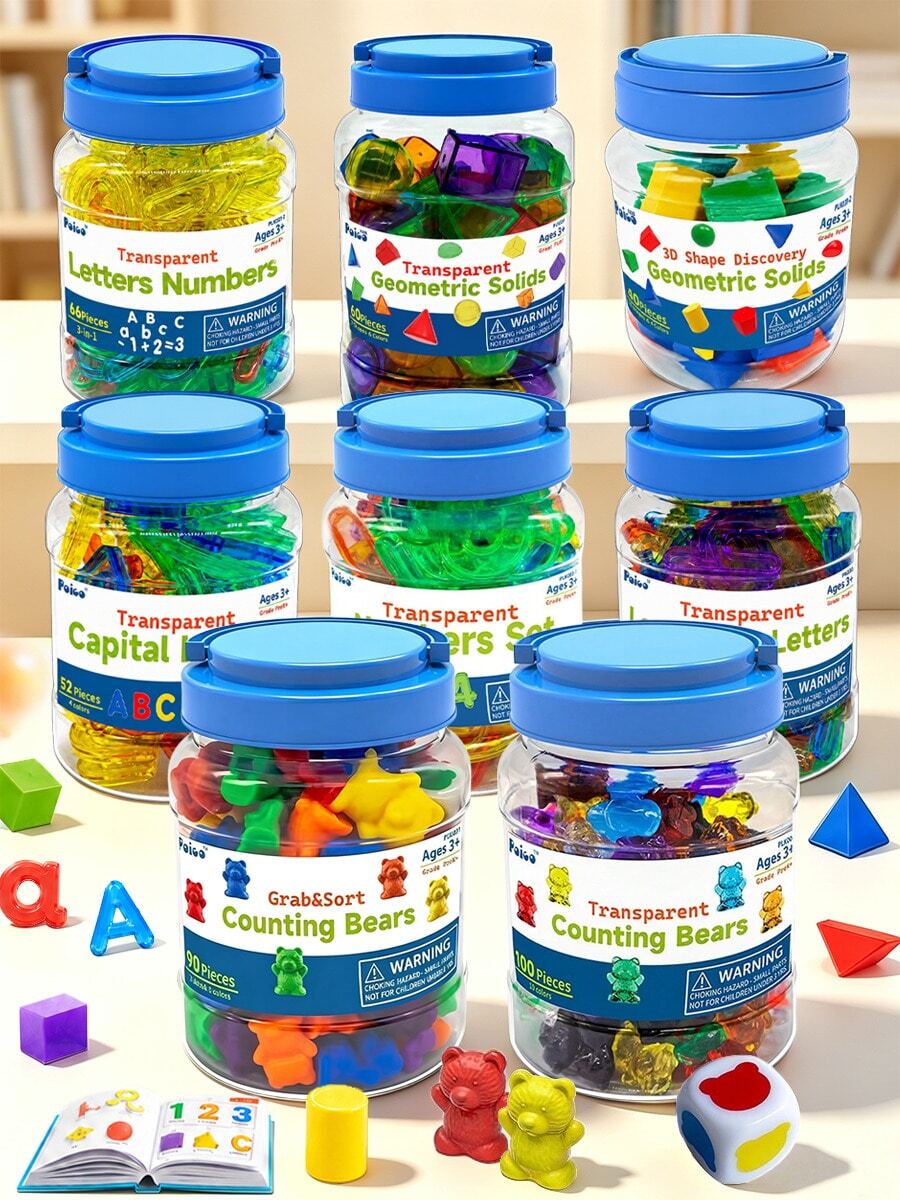 Transparent Alphabet Number Geometric Shape Teaching Set, 6 Styles Available,Packed In Storage Jar, Math & Literacy Learning Toy For Kids Over 3+ Classroom & Home Use, Back To School Essential School Supplies,Perfect School Supplies Gift For Kids - Multicolor - View 1