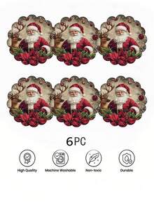 6Pcs /4Pcs Santa Reindeer Christmas Round Placemats 15 Inch Linen Non Slip Heat Resistant Machine Washable Holiday Party Table Decor Home Kitchen Dining Room Christmas Gift - Red - View 7