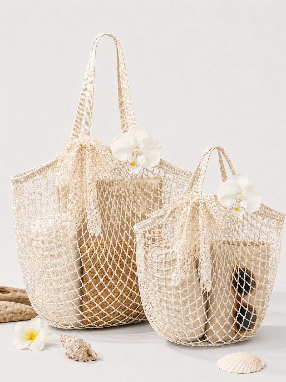 Fairycore 2pcs Orchid Bow Decor Woven Mesh Beach Tote Bag Set