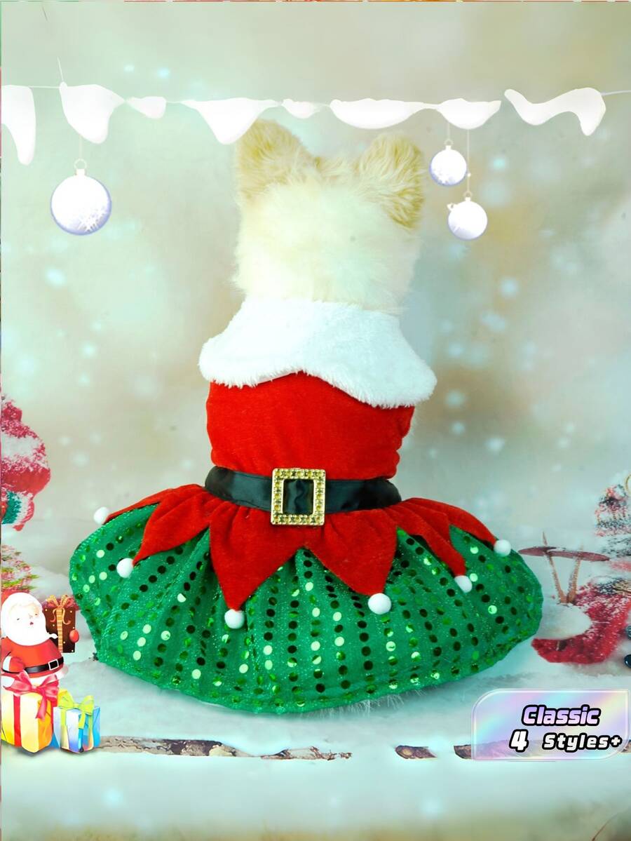 1pc Pet Christmas Dress Classic Clasp Christmas Tree Sequined Dogs And Cats Christmas Dress - Red - View 1