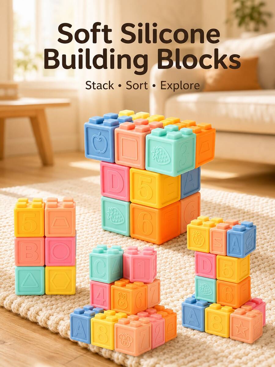 MINKOJA Cute Building Blocks With Embossed Shape Patterns, Birthday Gift For Home Play, Collectible Desk Toy, Car Decor & Travel Toy - Multicolor - View 1