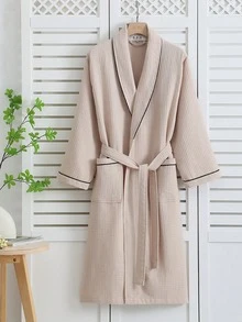 1pc Unisex Pure Cotton Waffle Bathrobe Lightweight Absorbent Quick Dry Spa Robe For Men Women Hotel Home Bathroom Summer Spring Loungewear With Belt Pockets Relaxation Gift - Multicolor New - View 4