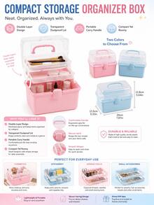 1PC Plastic 3-Layer Foldable Storage Box, Portable Multi-Purpose Organizer With Handle, Ideal For Medicine, Tools, Art & Craft, Sewing Supplies & Household Storage - Pink - View 1